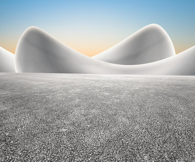 Abstract concrete building with wide unmanned asphalt pavement, clean bright sky background.