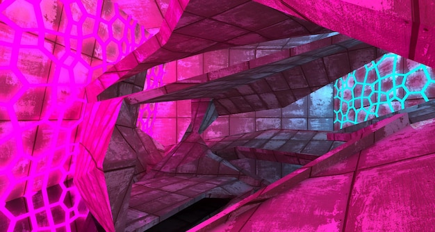 Abstract Concrete Futuristic SciFi interior With Pink And Blue Glowing Neon Tubes 3D illustratio