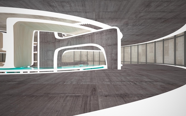 Abstract concrete glass and wood interior with window 3D illustration and rendering