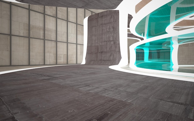 Abstract concrete glass and wood interior with window 3D illustration and rendering