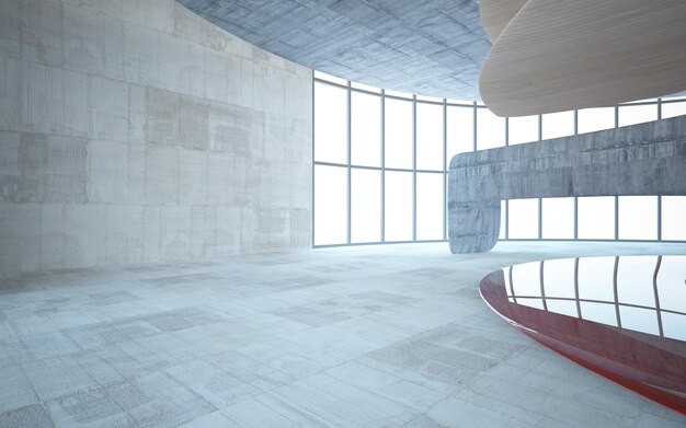 Abstract concrete glass and wood interior with window 3D illustration and rendering