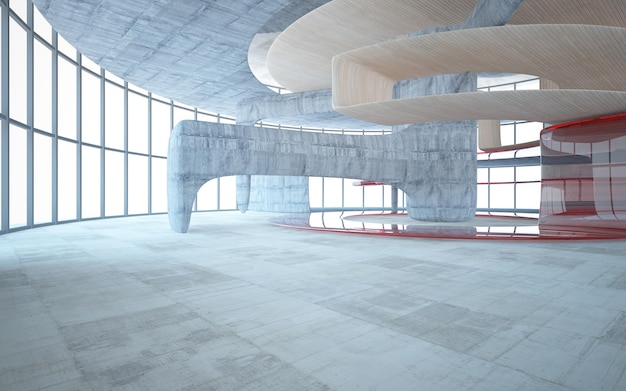 Abstract concrete glass and wood interior with window 3D illustration and rendering