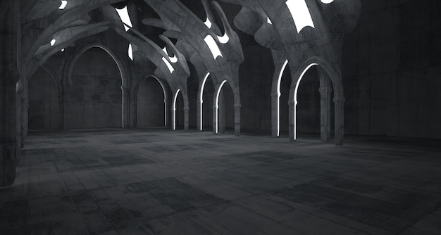 Abstract concrete gothic interior 3D illustration and rendering