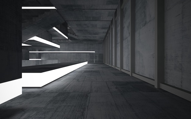 Abstract  concrete interior multilevel public space with neon lighting. 3D illustration