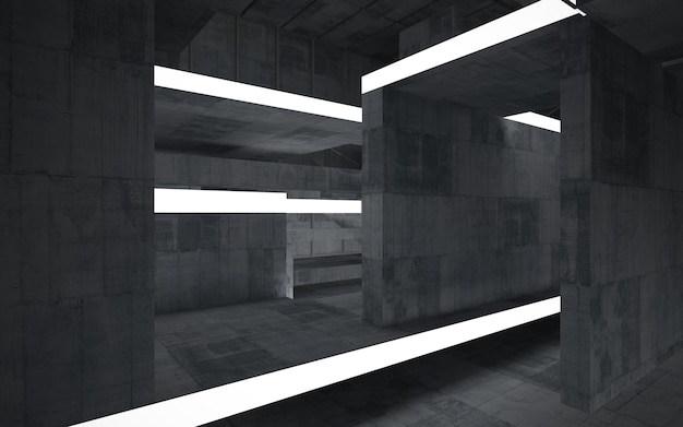 Abstract  concrete interior multilevel public space with neon lighting. 3D illustration