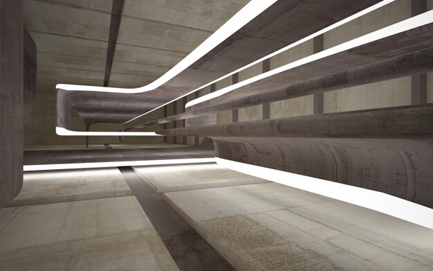 Abstract  concrete interior multilevel public space with window. 3D illustration and rendering.