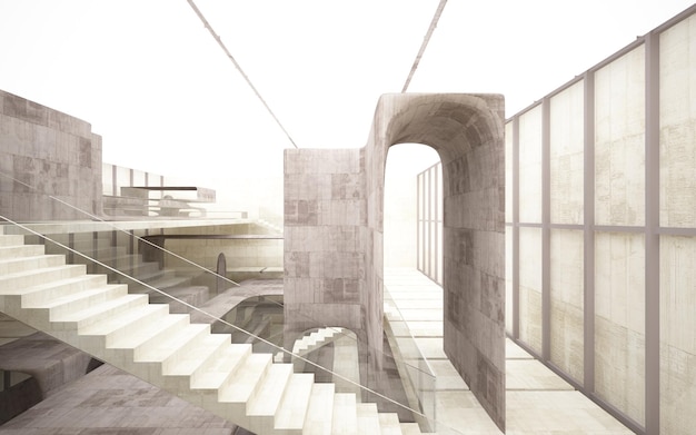 Abstract  concrete interior multilevel public space with window. 3D illustration and rendering.