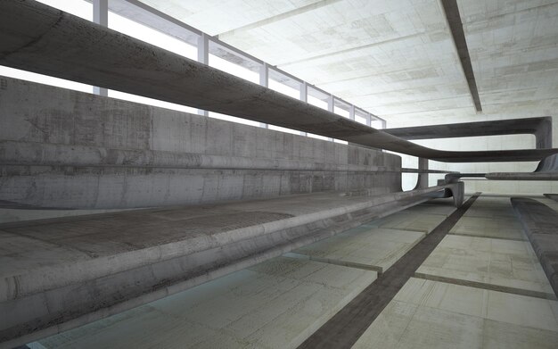 Abstract  concrete interior multilevel public space with window. 3D illustration and rendering.