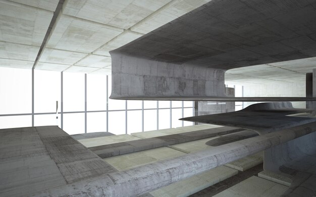 Abstract  concrete interior multilevel public space with window. 3D illustration and rendering.