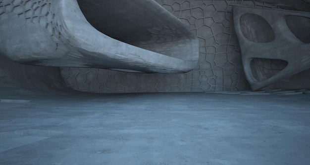 Abstract concrete parametric interior with neon lighting 3D illustration and rendering