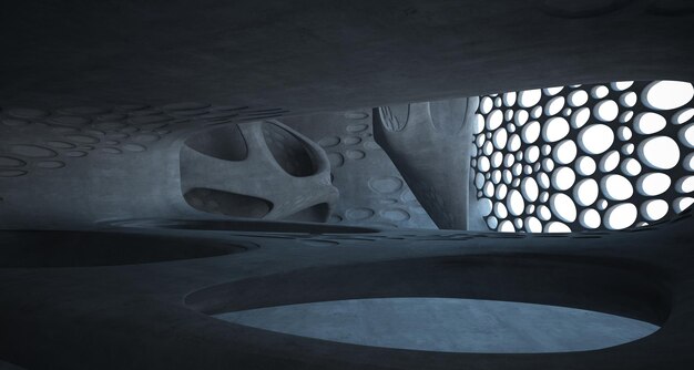 Abstract concrete parametric interior with neon lighting 3D illustration and rendering