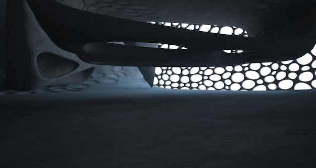 Abstract concrete parametric interior with neon lighting 3D illustration and rendering