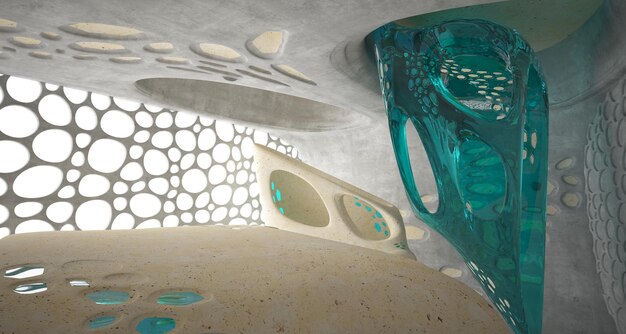 Abstract concrete parametric interior with neon lighting 3D illustration and rendering