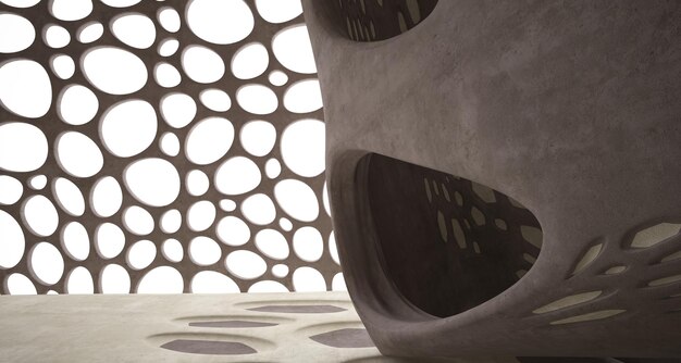 Abstract concrete parametric interior with neon lighting 3D illustration and rendering