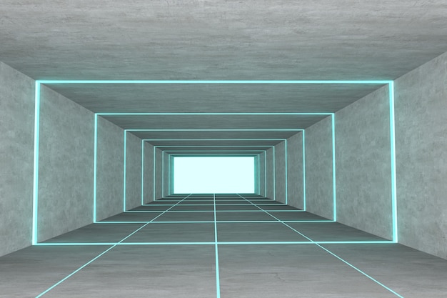 abstract concrete way interior with light blue in 3D rendering