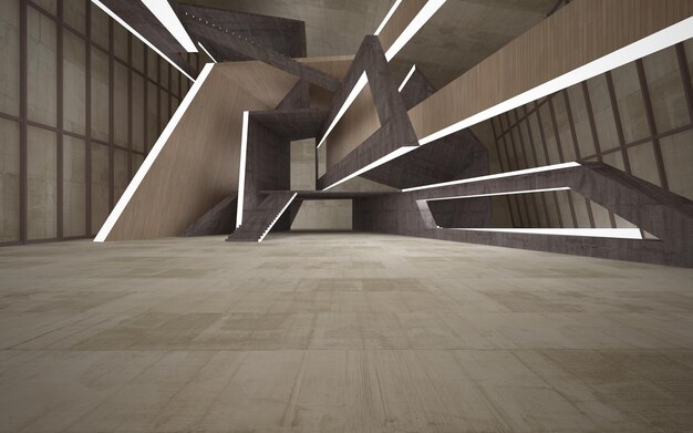 Abstract concrete and wood interior multilevel public space with neon lighting 3D illustration