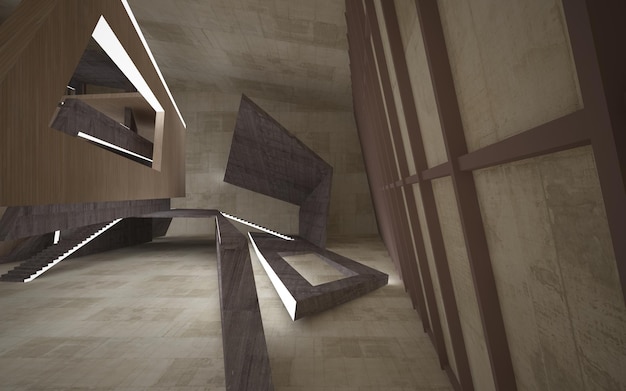 Abstract concrete and wood interior multilevel public space with neon lighting 3D illustration