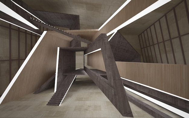 Abstract concrete and wood interior multilevel public space with neon lighting 3D illustration