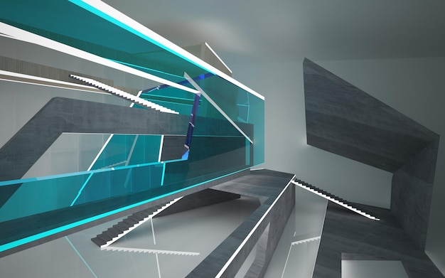 Abstract concrete and wood interior multilevel public space with neon lighting 3D illustration