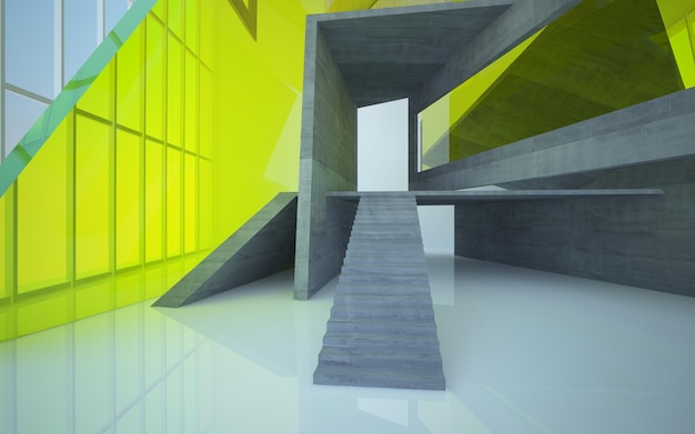 Abstract concrete and wood interior multilevel public space with neon lighting 3D illustration