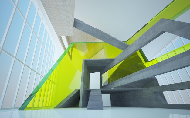 Abstract concrete and wood interior multilevel public space with neon lighting 3D illustration