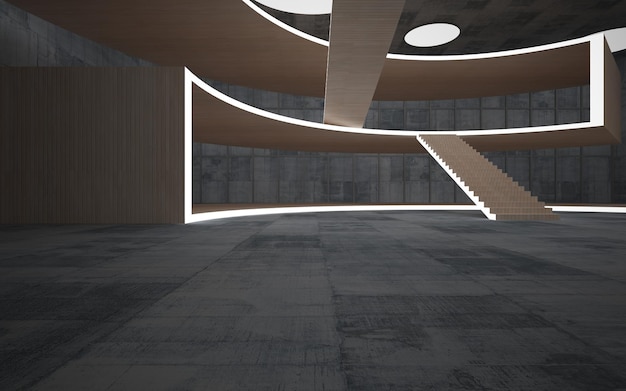 Abstract concrete and wood interior multilevel public space with window 3D illustration and render