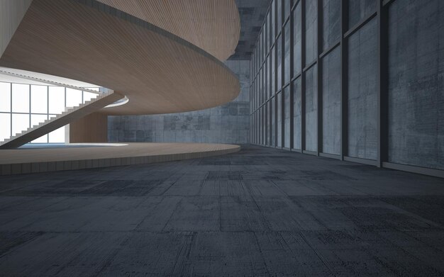 Abstract concrete and wood interior multilevel public space with window 3D illustration and render