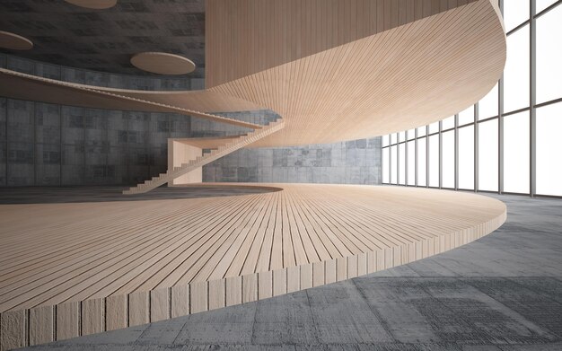 Abstract concrete and wood interior multilevel public space with window 3D illustration and render