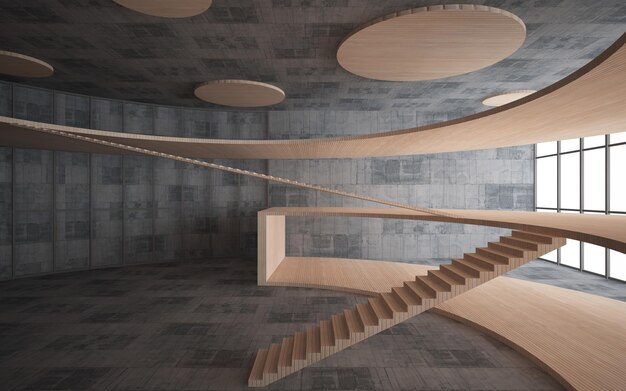 Abstract concrete and wood interior multilevel public space with window 3D illustration and render