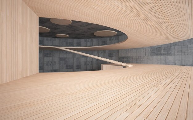 Abstract concrete and wood interior multilevel public space with window 3D illustration and render