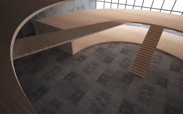 Abstract concrete and wood interior multilevel public space with window 3D illustration and render