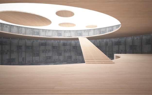 Abstract concrete and wood interior multilevel public space with window 3D illustration and render