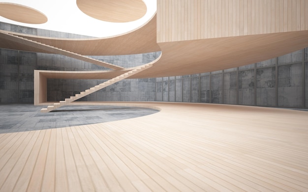 Abstract concrete and wood interior multilevel public space with window 3D illustration and render