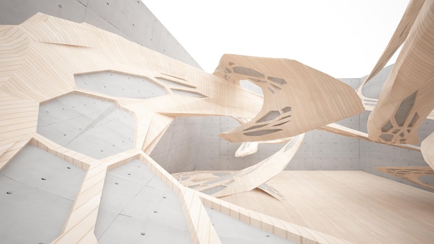 Abstract concrete and wood interior multilevel public space with window 3D illustration and render