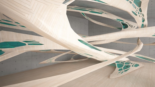 Abstract concrete and wood interior multilevel public space with window 3D illustration and render