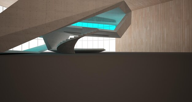 Abstract concrete and wood interior multilevel public space with window 3D illustration and render