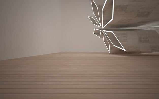 Abstract  concrete and wood interior multilevel public space with window. 3D illustration and render