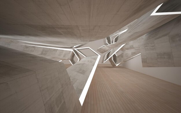 Abstract  concrete and wood interior multilevel public space with window. 3D illustration and render