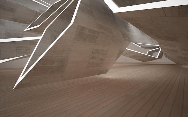 Abstract  concrete and wood interior multilevel public space with window. 3D illustration and render