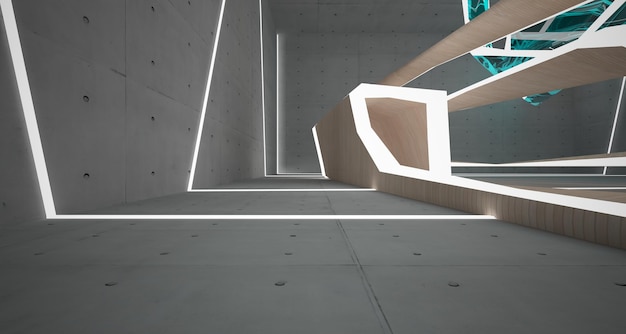 Abstract concrete and wood interior multilevel public space with window 3D illustration and render