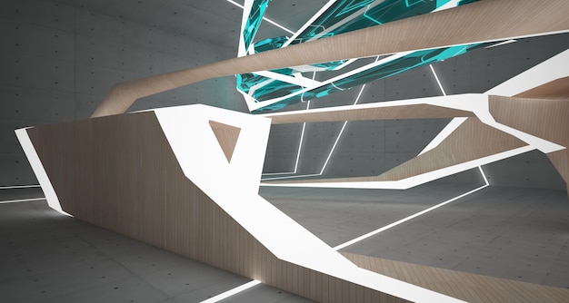 Abstract concrete and wood interior multilevel public space with window 3D illustration and render