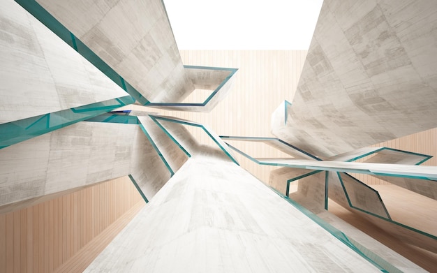 Abstract  concrete and wood interior multilevel public space with window. 3D illustration and render