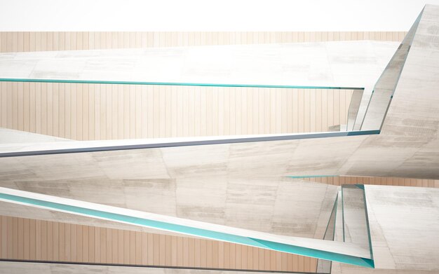 Abstract  concrete and wood interior multilevel public space with window. 3D illustration and render