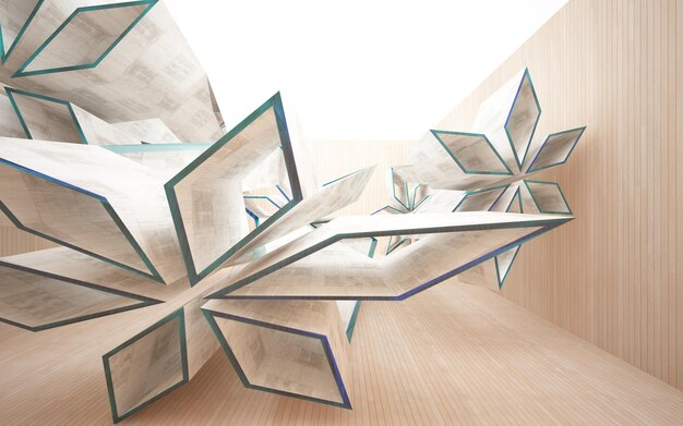 Abstract  concrete and wood interior multilevel public space with window. 3D illustration and render