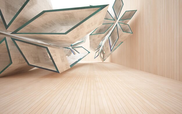 Abstract  concrete and wood interior multilevel public space with window. 3D illustration and render