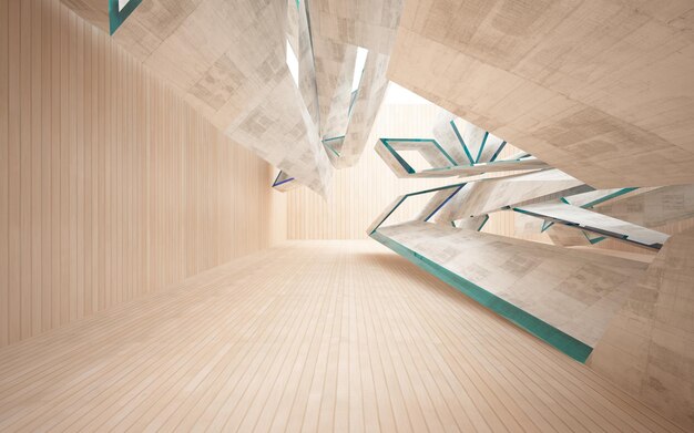 Abstract  concrete and wood interior multilevel public space with window. 3D illustration and render