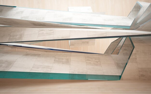 Abstract  concrete and wood interior multilevel public space with window. 3D illustration and render