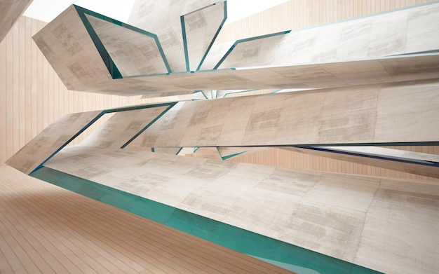 Abstract  concrete and wood interior multilevel public space with window. 3D illustration and render