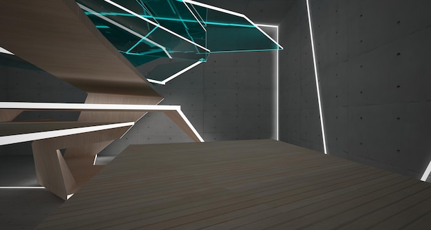 Abstract concrete and wood interior multilevel public space with window 3D illustration and render