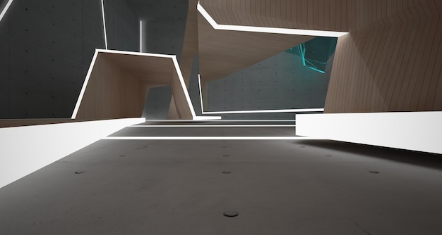 Abstract concrete and wood interior multilevel public space with window 3D illustration and render